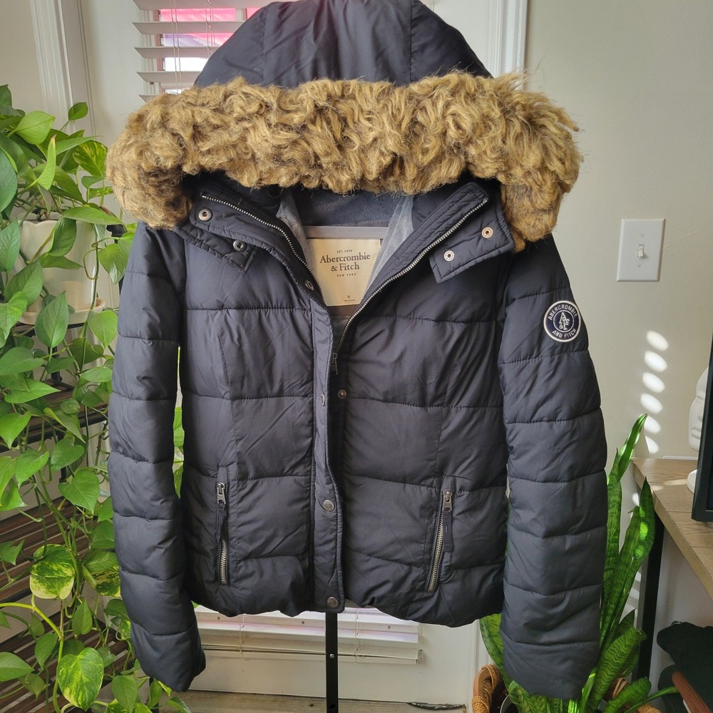Abercrombie & Fitch Womens Black Climafill Puffer Jacket Y2K Faux Fur M